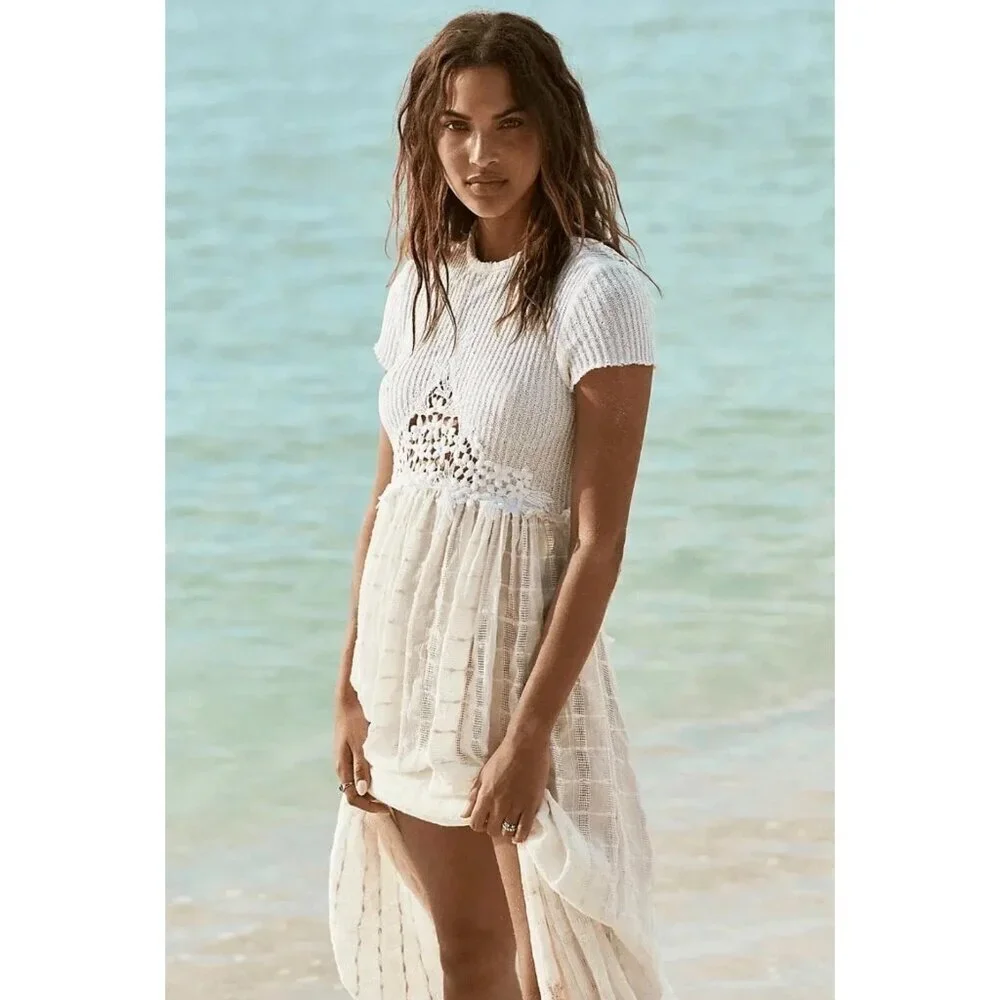 Free People Ivory White Serenity Floral Embroidery Cut Out Rib Flowy Maxi Dress